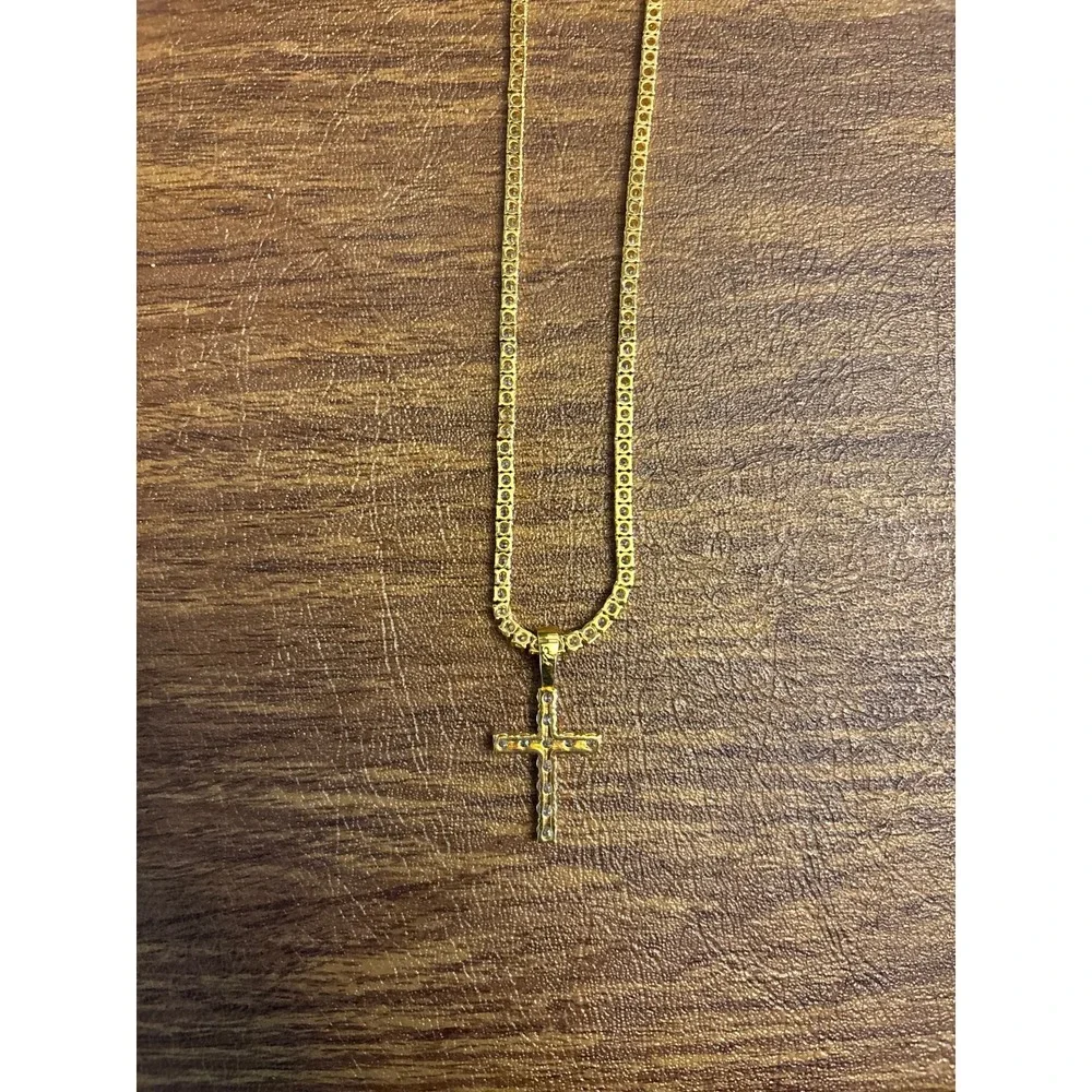 The Gld Shop Yellow Gold Diamond Cross Pendant and‎ Diamond Tennis Necklace